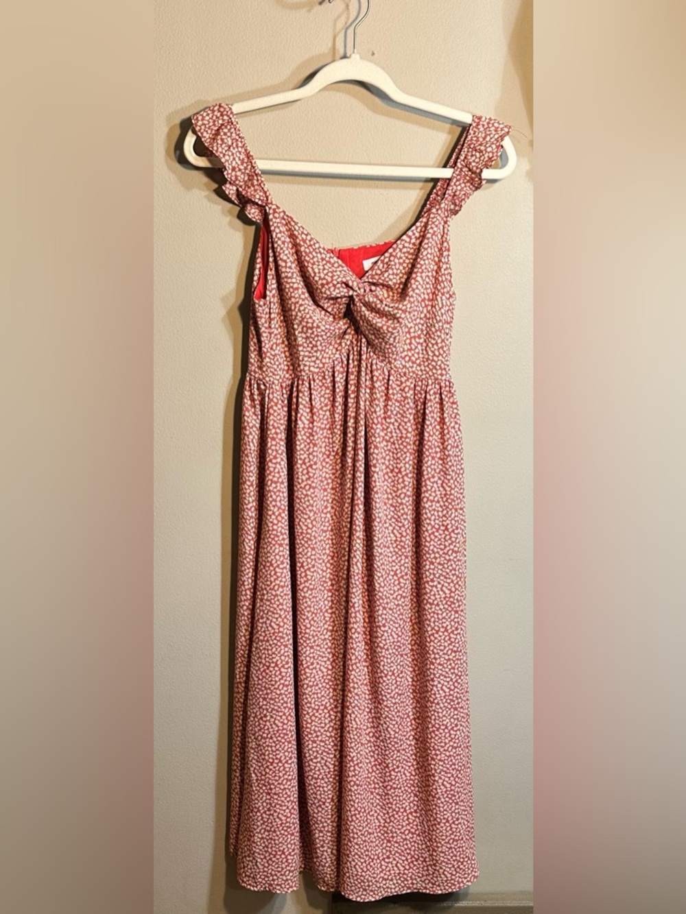 mittoshop Coral-Pink Printed Ruffle-Strap Midi Dress
